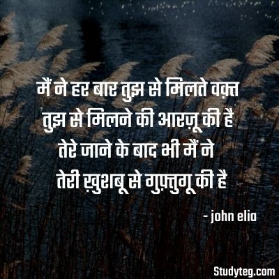 john elia shayari in hindi,मैं ने हर बार तुझ से मिलते वक़्त तुझ से मिलने की आरज़ू की है तेरे जाने के बाद भी मैं ने तेरी ख़ुशबू से गुफ़्तुगू की है - जॉन एलिया